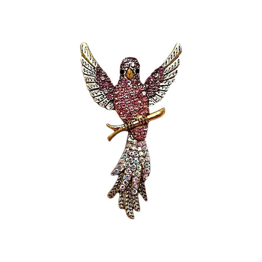 Pink And Aurora Borealis Rhinestone Gold Tone Bird Brooch NWT